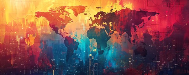 Colorful abstract world map with modern art style, vibrant hues of red, blue, and yellow, representing global connections and creativity.