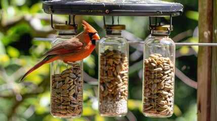 Wall Mural -   A red bird perches on a bird feeder filled with seeds and sunflowers hanging from its side