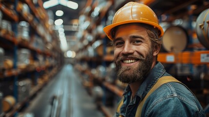 Wall Mural - Shot of a handsome young bearded factory worker in uniform holding protective hardhat smiling joyfully to the camera posing