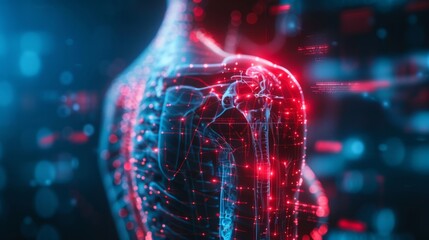 Poster - Detailed view of a person shoulder pain, overlaid with a red hologram and bone diagram