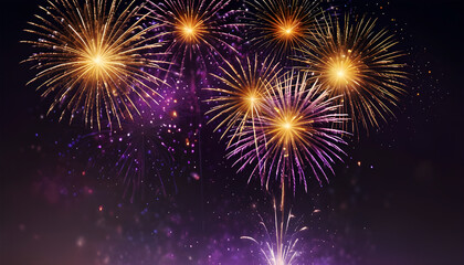celebration blurred background with golden and purple fireworks. generative ai