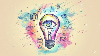 Wall Mural - Colorful doodle style drawing of an eye inside the light bulb with business icons around it, concept for thinking and idea , on pastel background