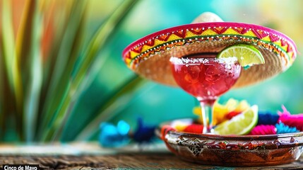 Cinco de Mayo, Mexican colorful summer fiesta party, sombrero hat, maracas margarita cocktail,table colorful Mexican decorations. With the exotic beach 