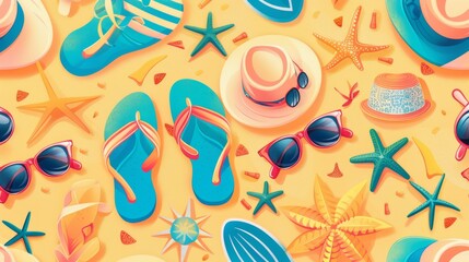 Fun beach pattern with flip flops, sun hats, and sunglasses