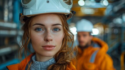 Wall Mural - Female industrial engineer wearing a white helmet