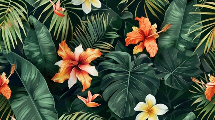 Tropical pattern with palm leaves and exotic flowers