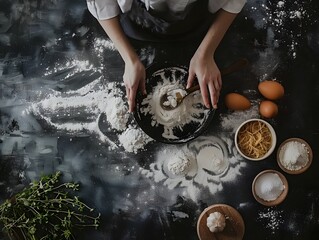 Hands Preparing Homemade Pastry Dough on Rustic Wooden Workspace with Flour and Fresh Baking Ingredients