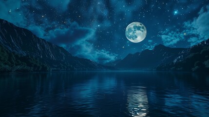 Wall Mural - : A dark blue gradient night sky with a grainy texture, dotted with twinkling stars and a large, luminous moon casting a soft glow over a calm lake.