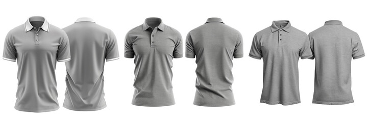 Set of Gray polo shirt, The collar and cuffs are white, front and back isolated on a transparent background