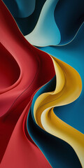 Wall Mural - A captivating abstract painting featuring a harmonious blend of deep red, blue, and yellow hues. The colors intertwine, creating fluid lines and forms that dance across the canvas. 