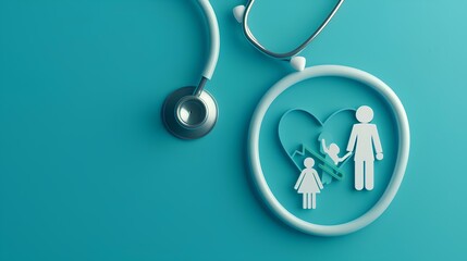 Wall Mural - An overhead perspective showcasing a modern medical stethoscope paired with a symbolic family emblem set against a clean cyan surface, conveying the essence of health insurance 