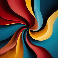 Wall Mural - A captivating abstract painting featuring a harmonious blend of deep red, blue, and yellow hues. The colors intertwine, creating fluid lines and forms that dance across the canvas. 