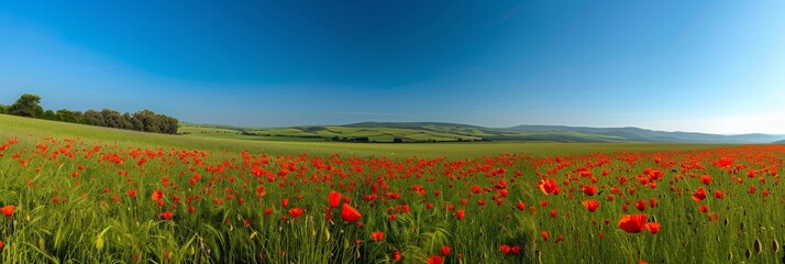 Poster - Vast expanse of poppy fields extending to the horizon under a bright, sunny sky