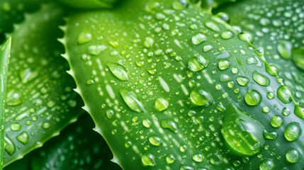 Wall Mural - Vibrant green aloe vera leaves, with glistening water droplets on the surface