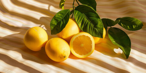 Fresh Lemons with Leaves on Striped Surface in Sunlight