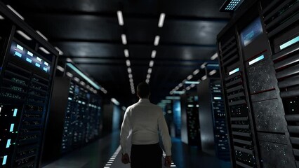 Agile Project Management. IT Administrator Activating Modern Data Center Server with Hologram.
