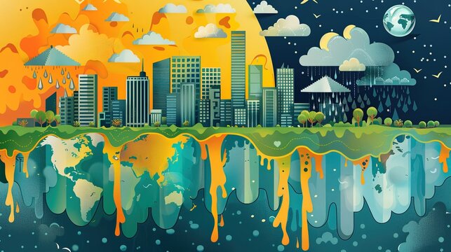 Illustrations of Climate Change Impact. A series of illustrations highlighting the effects of climate change on urban and natural environments.