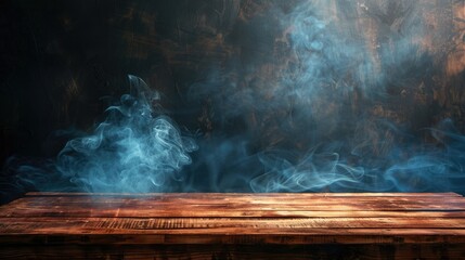 Wall Mural - Wooden table with smoke rising on dark backdrop for showcasing your products