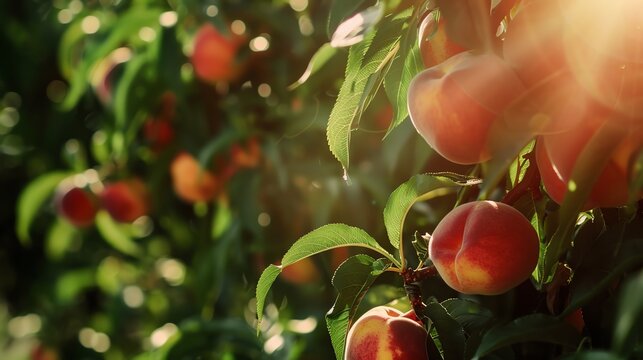 Peaches on the tree with a lush green orchard background, bathed in warm, golden sunlight.
