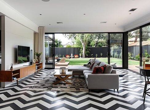 A photo of an Australian modern living room with black and white chevron floor