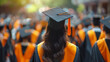 © JMarques - Rear view of college teenage girl in graduation gown and cap on graduation day, congratulations on diploma. Students at Graduation ceremony.
