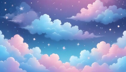 Wall Mural - a pastel rainbow unicorn background including sparkling stars. a hazy, blue fantasy sky. charming ho