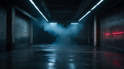 Abstract light in a dark concrete floor with smoke, Background of empty room, street, neon light, fog