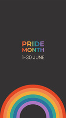 Wall Mural - LGBTQ pride month vertical banner, card, poster template with rainbow. Gay parade celebration. Vector illustration on black background