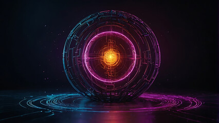 Poster - Abstract neon energy sphere with a hollow circle in the center with pulsing majestic energy particles dancing around the outline of the circle sphere on a dark background