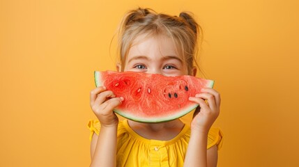 A young girl is holding a watermelon slice in her mouth