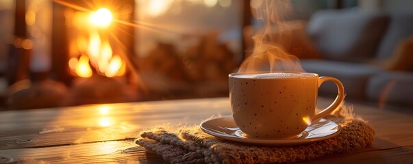 Canvas Print - Steaming Cup of Coffee in Cozy Living Room with Fireplace Glow