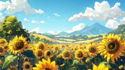 Wall Mural - Bright sunflowers in a sunny field