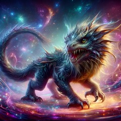 Wall Mural - AI generated illustration of a black dragon amidst cosmic lights in the galaxy