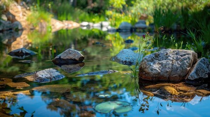 Reflection of rocks and plants in the water