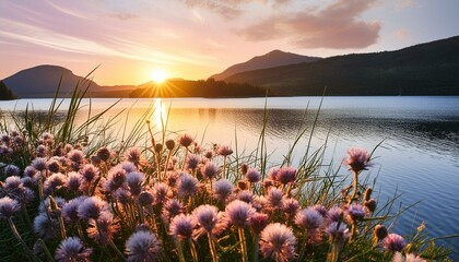 Sunset Over Lake and Flora, Sunset over a lake with grass and flowers in the foreground.