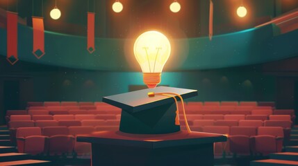Animated flat design of a graduation hat with a light bulb representing an idea, front view, vivid colors close up, academic brilliance, vibrant, Fusion, study room backdrop