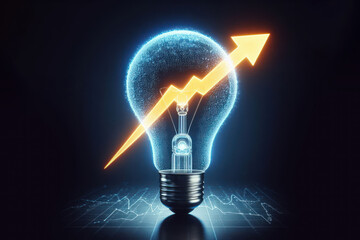 light bulb with grow up arrow rise in price of electricity isolated on black background