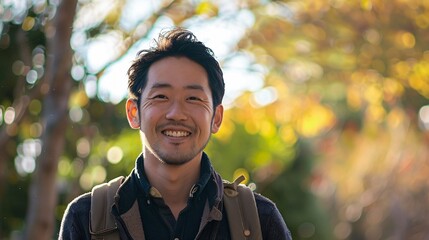 Wall Mural - Handsome Japanese Man Smiling, Captured in a Candid Moment, Perfect for Lifestyle, Portrait, Showcasing Confidence and Charm in a Natural Setting.