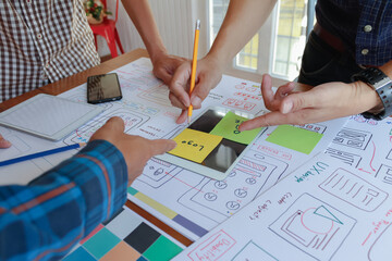 Wall Mural - mobile application development team is studying and designing ux ui system to display and color in a