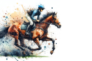 Wall Mural - Jockey on horse watercolor splash in action isolated on white background