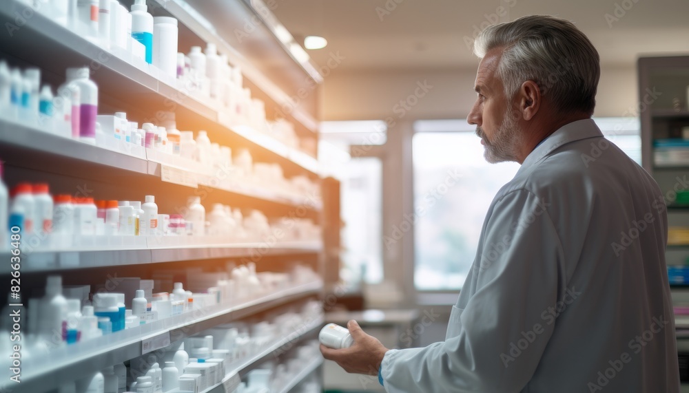 Pharmacist checking medications stocks in a pharmacy, ensuring accuracy ...