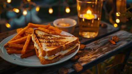 A gourmet grilled cheese sandwich with a side of sweet potato fries, on a white ceramic plate, on an outdoor wooden table under string lights.