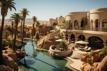 oasis. an oasis in the desert. clear hot day. distant mountains, sand dunes and a sultry sky. beauti