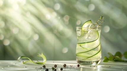 Wall Mural - A sophisticated gin and tonic, elevated with a splash of St. Germain and garnished with cucumber ribbons and juniper berries.