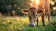 © VISUAL BACKGROUND - A cow grazing in a field at sunset.