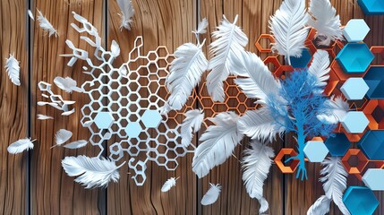 Wall Mural - Feathers and tree designs in blue create a dynamic, colorful effect on a white lattice over oak wood in this 3D artwork.
