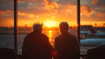 Wall Mural - Two people sitting in an airport looking at the sunset.