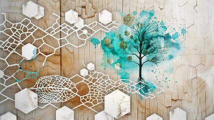Wall Mural - Contemporary oak wall art with white lattice, watercolor feathers, turquoise tree design, and hexagons.