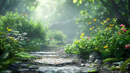 nature or forest empty mockup blur green leaf tropical forest plant background.beauty cosmetic healthy natural product placement pedestal display,spring or summer jungle paradise concept.