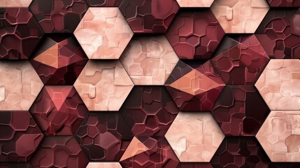 Wall Mural - Abstract and tactile wall background with a blend of textured maroon hexagons and peach diamonds, designed for visual depth.